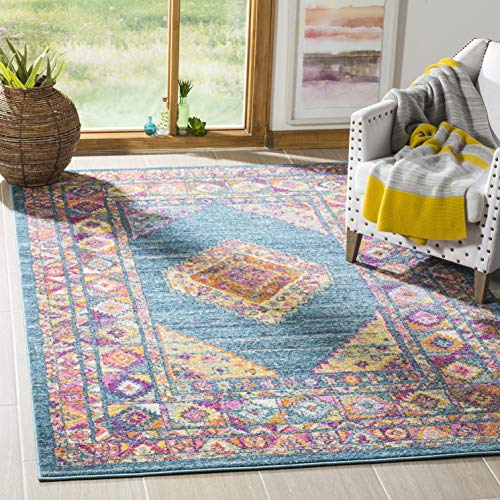 SAFAVIEH Madison Collection Accent Rug - 3' x 5', Light Blue & Orange, Boho Chic Medallion Design, Non-Shedding & Easy Care, Ideal for High Traffic Areas in Entryway, Living Room, Bedroom (MAD133A) - color: Light Blue/Orange, size: 3' x 5' (Rectangular)