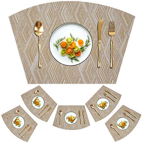 Woven Vinyl Placemats for Dining Table Durable Heat Resistant Washable Wedge Placemats for Round Table,Placemats Set of 6,Gold - color: Wedge:gold