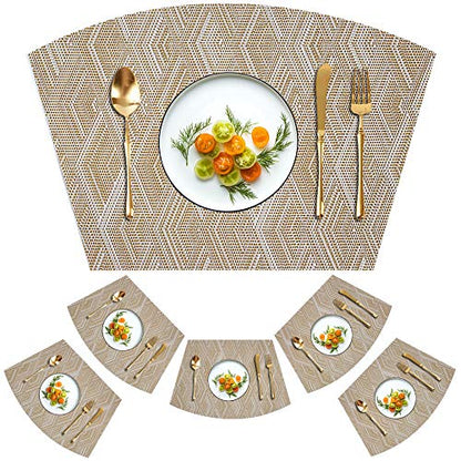 Woven Vinyl Placemats for Dining Table Durable Heat Resistant Washable Wedge Placemats for Round Table,Placemats Set of 6,Gold - color: Wedge:gold