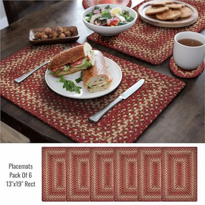Homespice Apple Pie Jute Braided Placemats, Rect 13x19 Set of 6 | Red Woven Placemats for Farmhouse Table and Protects Tabletop in Style, Rich Colors, Reversible, Durable and Easy to Clean - color: Apple Pie