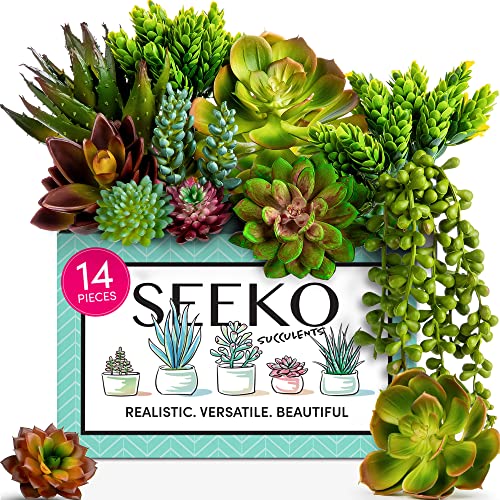 SEEKO Succulents Plants Artificial Unpotted – 14 Pack Fake Plants Set | Premium faux succulents for indoors & outdoors, uv resistant, realistic DIY home & office decor, no watering needed - size: 14 pack