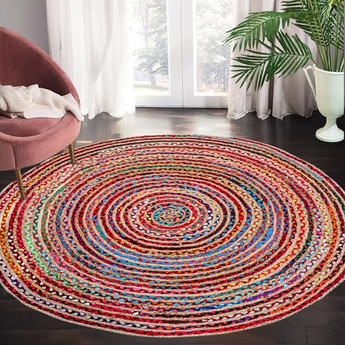 7' Round Hand Woven Jute Chindi Area Rug - Colorful Boho Rugs | Rugs for Living Room - Hand Braided Multicolor Bohemian Rug for Farmhouse, Bedroom, Dining Room, Hallway - round rugs 7ft - color: Multi Color, size: 7' (Round)