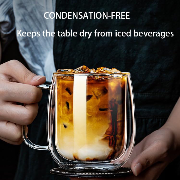 Double Wall Glass Mugs Set of 2, 9 oz Borosilicate Glass Coffee Cups with Handle, Insulated Clear Espresso Glasses for Hot and Cold Drinks, Heat Resistant Tea Latte Cappuccino Mugs, Dishwasher Safe