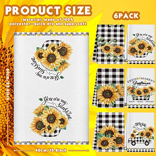 Redbaker 6 Pcs Sunflower Kitchen Towels Buffalo Plaid Dish Towels | Farmhouse Kitchen Decor Towel, Sunflower Design for Housewarming, Hand Drying, Summer Dish Cloths with Black White Plaid - style: Plaid Sunflower