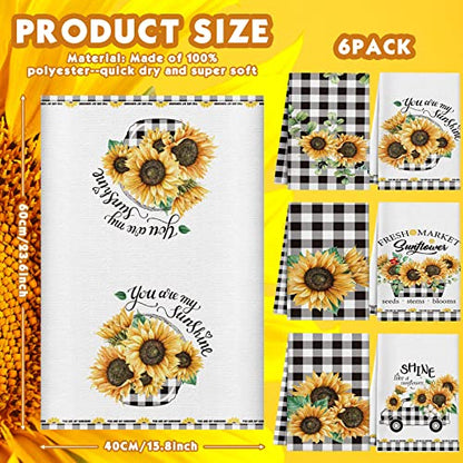 Redbaker 6 Pcs Sunflower Kitchen Towels Buffalo Plaid Dish Towels | Farmhouse Kitchen Decor Towel, Sunflower Design for Housewarming, Hand Drying, Summer Dish Cloths with Black White Plaid - style: Plaid Sunflower