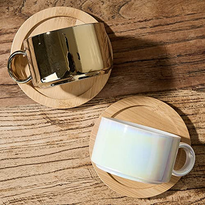 LUKA Porcelain Espresso Cup with Saucers and Metal Stand - 6 Ounce Stackable Ceramic Demitasse Espresso Mugs Cappuccino Cups Set for Latte, Coffee, Cafe Mocha, Tea - Set of 4,Shimmer Golden - color: Shimmer Golden & White