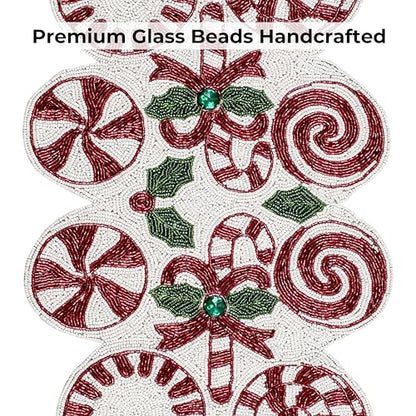 Christmas Beaded Table Runner, Red & White, 13x36 | Handcrafted, 85% glass beads, polyester backing, dining/console/coffee table, holidays, weddings, wipe-clean maintenance - color: Cherry Reddish, size: 36"x13"