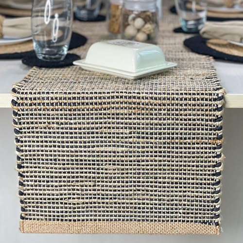 Natural Jute Table Runner 13x90 Inch – Vintage Boho Rustic Table Decor – Handwoven Table Runner in Natural Jute and Black – Farmhouse Dining or Console Table Accent - color: Natural Jute-black, size: 13x90 Inch.