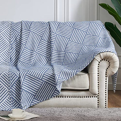 jinchan 100% Cotton Muslin Blanket Twin Boho Throw Blanket 60x80 Dusty Blue | 3-Layer, Dotted Diamond Quilt, Cooling Breathable Lightweight, for Adult, Soft, Reversible, Summer, Couch, Sofa, Bedroom - color: B. Square Blue, size: 60"x80"