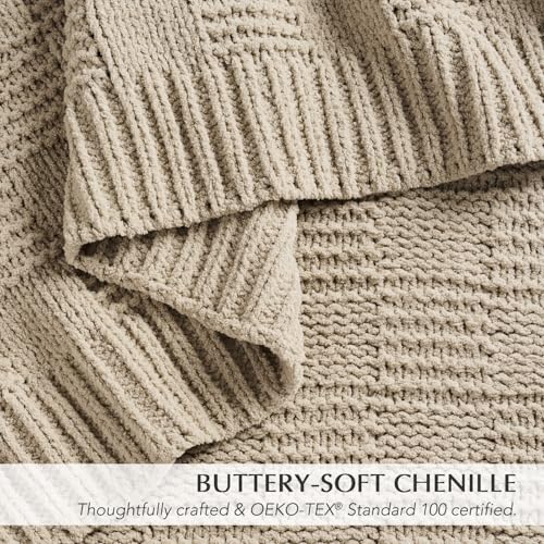 EVERGRACEHOME Modern Checkered Chenille Throw Blanket, 50x60, Sand Dune | Lightweight Warmth, All-Season Breathability, OEKO-TEX certified, Timeless Grid Pattern, Farmhouse Throw for Couch, Bed, Sofa - color: Sand Dune, size: 50" X 60"