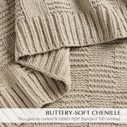 EVERGRACEHOME Modern Checkered Chenille Throw Blanket, 60x80, Sand Dune | Lightweight Warmth, All-Season Breathability, OEKO-TEX certified, Timeless Grid Pattern, Farmhouse Throw for Couch, Bed, Sofa - color: Sand Dune, size: 60" X 80"
