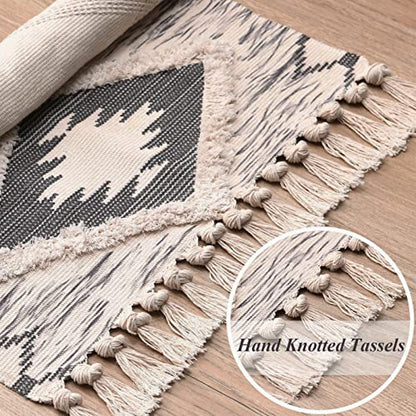 Boho Bathroom Rugs 2x3ft Farmhouse Bath Runner Rug, Small Tufted Cotton Accent Floor Mat with Tassels, Grey - color: Grey, size: 2' x 3' (Runner)
