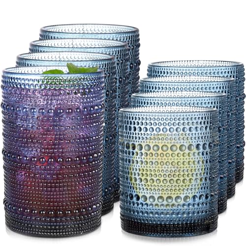 Blue Hobnail Drinking Glasses Set of 8, 15 oz Vintage Highball Glassess & 12 oz Cocktail Glasses, Drinkware Kitchen Glasses for Cocktail, Iced Coffee, Beer, Ice Tea, Wine, Whiskey, Water - color: Blue