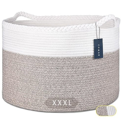 COMSE XXXLarge Woven Blanket & Laundry Basket, 87L, White & Light Brown | 21.7" x 13.8", Cotton Rope, Nursery Hamper for Storage of Toys Clothes Towels, Ideal for Living Room Bedroom Bathroom - color: White & Light Brown