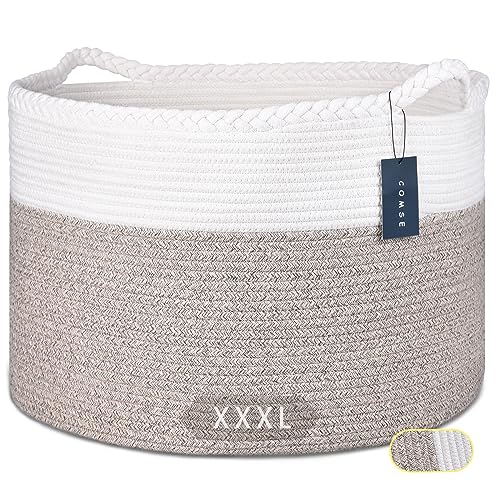 COMSE XXXLarge Woven Blanket & Laundry Basket, 87L, White & Light Brown | 21.7" x 13.8", Cotton Rope, Nursery Hamper for Storage of Toys Clothes Towels, Ideal for Living Room Bedroom Bathroom - color: White & Light Brown
