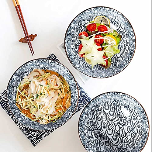 Houlu 60 oz Pho Bowls, Large Soup Bowl, Japanese Ramen Bowl Set, 8 inches Big Porcelain Bowls Set of 3, Wave Pattern - color: Wave Pattern