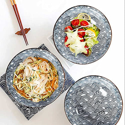 Houlu 60 oz Pho Bowls, Large Soup Bowl, Japanese Ramen Bowl Set, 8 inches Big Porcelain Bowls Set of 3, Wave Pattern - color: Wave Pattern