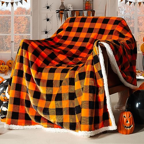 BEAUTEX Halloween Sherpa Plaid Throw Blanket Fuzzy Fluffy Cozy Soft | Fleece Flannel Plush Microfiber Blanket, Fall Decor for Couch, Bed, Sofa (50" x 60", Orange) - color: Black Orange, size: Throw-50"x60"