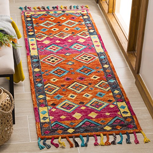 SAFAVIEH Aspen Collection Runner Rug - 2'3" x 15', Orange & Fuchsia, Handmade Boho Braided Tassel Wool, Ideal for High Traffic Areas in Living Room, Bedroom (APN138A) - size: 2'3" x 15' (Runner)