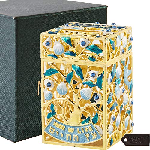 Matashi Hand-Painted Enamel Tzedakah Charity Box Keepsake Treasure Box | Embellished with Crystals and a Tree of Life Motif Design with Gold Accents, Judaica Home Decor Piggy Bank Gift for Holiday