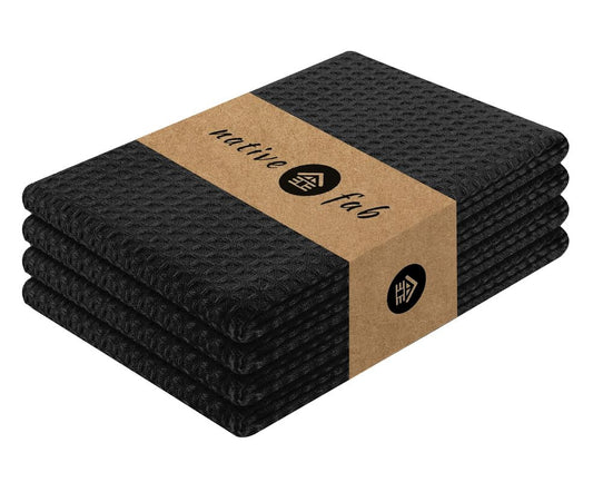 Native Fab Cotton Kitchen Towel with Hanging Loop 16x26 inches, 4-Pack, Waffle Weave Kitchen Towels for Cleaning Drying, Washcloths Soft & Absorbent Cloth Rags, Bar Towel, Dish Cloth, Black - color: Black, size: Set of 4