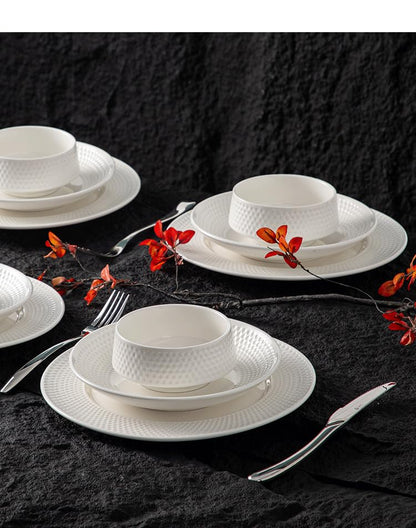 4-piece set, ceramic, embossed B design plate and bowl set, microwave and dishwasher tableware set, shatterproof and scratch resistant dinner set, irregular edge design, white - color: style - 11