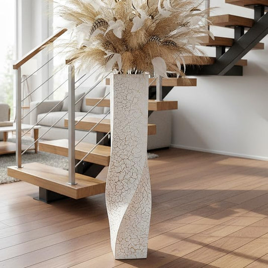 Tall Floor Vase 35.4" White Gold Crackle, Resin Large Floor Vases Square Twisted Vase for Dried Pampas Grass Feathers Branches Fresh Flowers, Modern Home Decor for Living Room Corner Entryway - color: White, size: 35.43 Inches