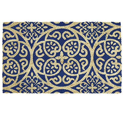 DII Natural Coir Geometric Modern Outdoor Door Mat, Front Porch Décor, 18x30, Blue Tunisia Scroll - color: Blue Tunisia Scroll