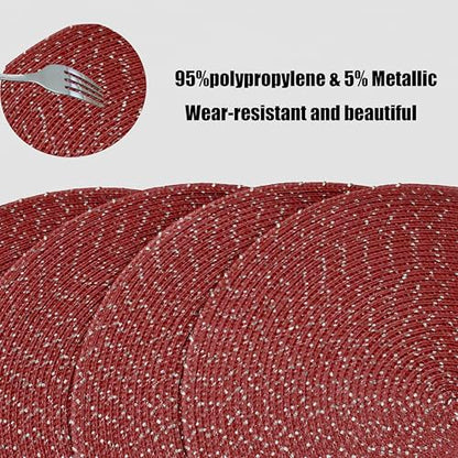 Youyi Round Placemats Set of 6, 15 inch Woven Braided Place Mats Washable Non-Slip Kitchen Table Mats for Dining, Burgundy (with Silver Accents) - size: set of 6