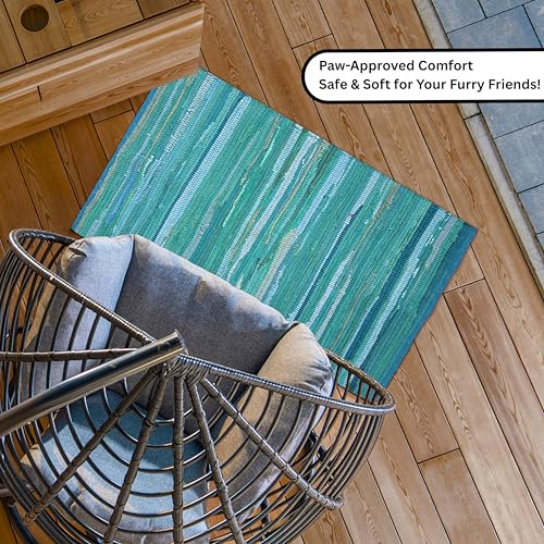 Ramanta Home Hand Woven Cotton Chindi Rag Rug 2'x3' - Teal | Recycled Reversible Rug, Boho Farmhouse - Living Room, Kitchen, Entryway- 24"x36" - color: Teal, size: 2 x 3 feet