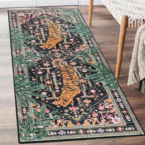 Oriental Tropical Kitchen Runner Rug 2x5 Washable, Thin Stain Resistant Black Boho Bathroom Runner Rug for Hallway Entryway Bedroom Laundry, Vintage Abstract Hippie Botanical Long Carpet - color: Black, size: 2' x 5'