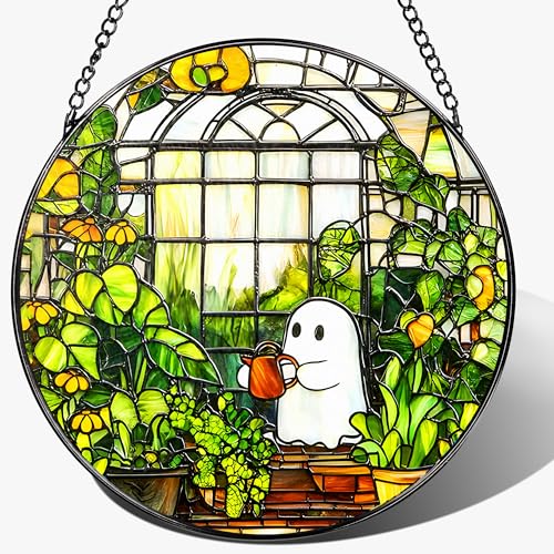 8'' Halloween Ghost Greenhouse Sun Catcher Ornament, Stained Glass Window Hanging, Sun Catchers for Windows Hanging Ornaments, Window Decor, Holiday Present, Ideal Gift | Plant Lovers Gifts - color: Ghost