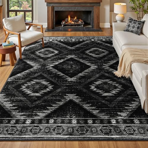 5'x8'Washable Area Rug for Living Room Bedroom Black | Soft Western No Slip Low Pile Print Foldable Indoor for Kitchen Dining Room - color: Black, size: 5' x 8' (Rectangular)