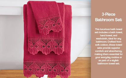 Zahari Home 3 Piece Laced Towel Set - Stylish Soft Plush Cotton Towels with Hand Towel & Washcloth - Highly Absorbent Towels for Bathroom, Gym, Hotel & Spa (Macramee Burgundy) - color: Macramee-burgundy