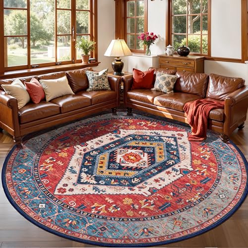 SERISSA 5ft Washable Non Slip Round Round Boho Area Rug for Bedroom，Rust | Ultra Soft Vintage Oriental Carpet Low-Pile Tribal Circular Indoor Mat for Entryway Kids Room College Dorm Living Room - color: Rust/Multi, size: 5' (Round)