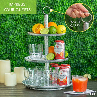 Ilyapa Galvanized 3 Tier Serving Stand, Metal Tray Platter | For Cake, Dessert, Shrimp & Appetizers
