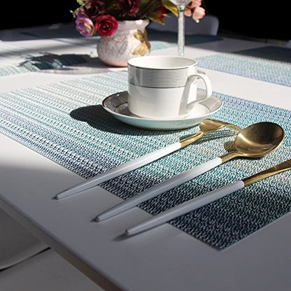 Placemats Washable Easy to Clean PVC Placemat for Kitchen Table Heat-resistand Woven Vinyl Hard Table Mats 12x18 inches Set of 6 （Blue） - color: Blue, size: placemats set of 6