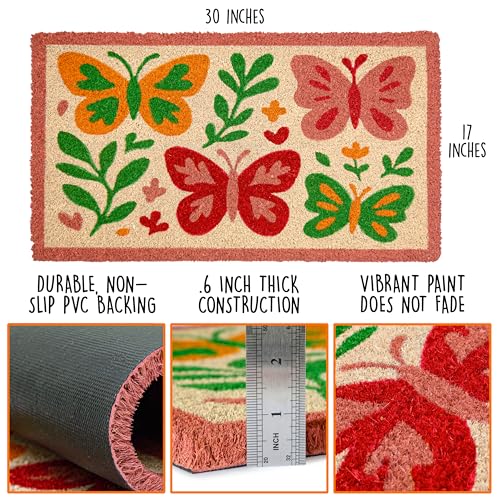 MAINEVENT Butterfly Welcome Mat 30x17 Inch, Spring Outdoor Doormat Coir | Natural Coco Fiber Spring Decor, Pvc Backing, Dirt Scraper, Nature-Inspired Farmhouse Decor, Housewarming Gift, Covered Porch