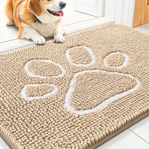 Smiry Dog Door Mat for Muddy Paws, Absorbent Non Slip Dirt Trapper, 30x20 | Beige and White, Quick Dry Washable Chenille Mat for Mud Dogs, Entry Rug for Indoor and Outdoor - color: Beige and White, size: 30"X20"