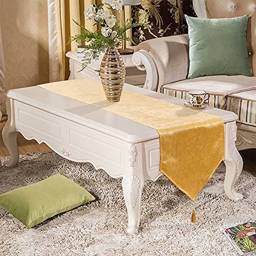 Faux Linen Sparkly Spring Gold Table Runner with Tassels 14x118 Inch Dresser Scarf Graduation Table Runner for Home Bedroom Party Birthday Wedding Bridal Baby Shower - color: Brilliant Faux Linen With Tassels- Gold, size: 118"x14"-1Pc