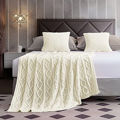 Homiest Cream White Cable Knit Throw Blanket Set of 3, with 2 Pillow Covers | Pure Acrylic, Lightweight & Breathable, All-Season Use, Machine Washable, Wrinkle & Fade Resistant, for Couch Bed And Sofa - color: Cream White, size: 50 x 60 Inch Blanket & 18