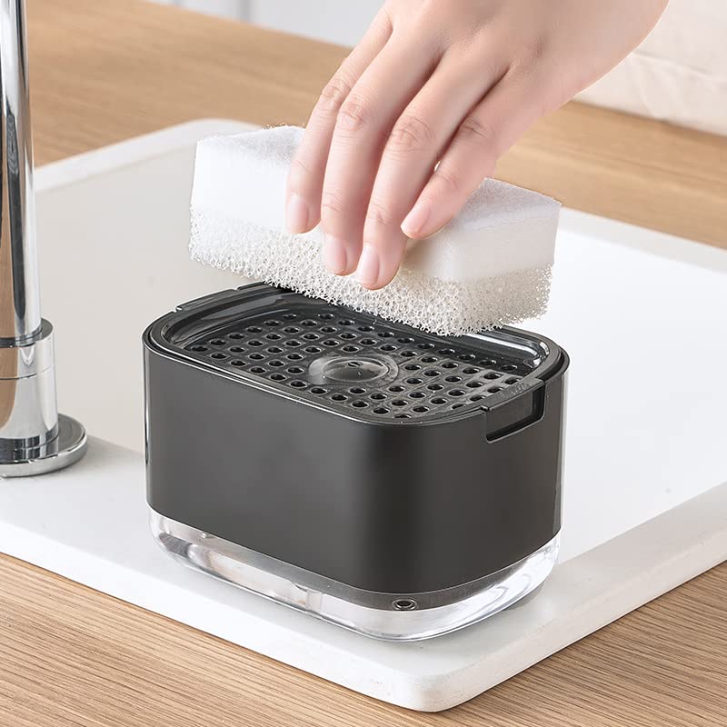 Kitchen Dish Soap Dispenser with Sponge Holder, 2-in-1 Countertop Soap Pump Dispenser, Soap Dispenser for Kitchen Sink with 2-Packs Wire Dishwashing Rag,Black - color: Black (2-in-1)