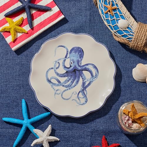 Bico Ocean Wonders Scalloped Salad Plates Set of 4, 8.75 Inch Ceramic Dessert Plates for Salad, Appetizer, Side Dishes, Microwave and Dishwasher Safe, Gift for Housewarming and Christmas - color: Ocean Creatures