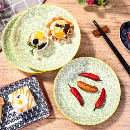 4-Piece Ceramic Salad Plate Set, 7-Inch Round Dessert Plates with Green Wave Motif & Yellow Rim, Multi-Purpose Small Serving Bowls for Appetizers & Snacks, Microwave & Dishwasher Safe, Stackable - color: GBL