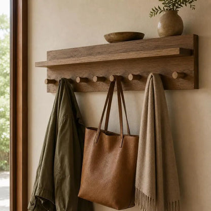 Rustic Wooden Coat Rack Wall Mount with Top Shelf, Solid Wood Peg Hook Rail Entryway Hat Jacket Purse Hanging Organizer for Mudroom Hallway Bathroom Home Decor