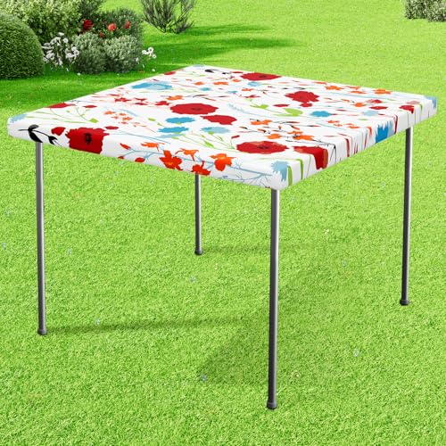 Square Vinyl Tablecloth, Fitted Table Cover, 100% Waterproof, Elastic Edge, Flannel Backing, Plastic Tablecloth Fit Folding Tables for Picnic, Camping, Outdoor (Flowers, 34x34 inch) - color: Off White, size: 34" x 34" (Square)