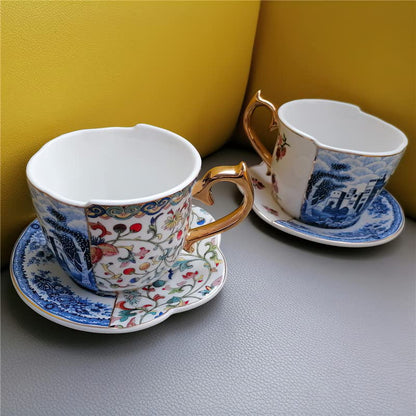 Ceramic Coffee Cup Saucer Gift Box Chinese Style Creative Color Matching Teacup Set Blue and White Porcelain Handle Mug Water