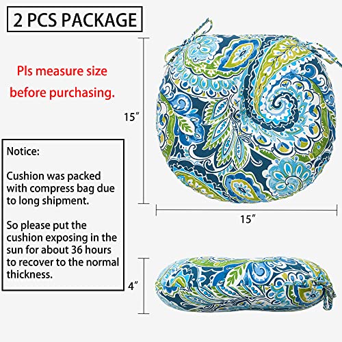 Magpie Fabrics Outdoor Round Bistro Seat Cushions with Ties, 15"x15"x4" Set of 2, Tufted Waterproof Barstool Chair Pads for Patio Home Garden Office, Paisley Lapis Green - color: Paisley Lapis Green