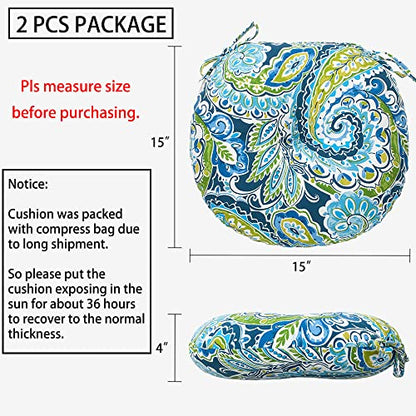 Magpie Fabrics Outdoor Round Bistro Seat Cushions with Ties, 15"x15"x4" Set of 2, Tufted Waterproof Barstool Chair Pads for Patio Home Garden Office, Paisley Lapis Green - color: Paisley Lapis Green