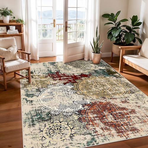 Washable 4x6 Area Rug Entryway: Non-Skid Modern Abstract Mandala Renters | Soft Thin Indoor Carpet for Kitchen Foyers Bedside Home Office Low Pile Easy Clean protect floors Families with Kids Pets - color: Red/Green/Multi, size: 4' x 6' (Rectangular)